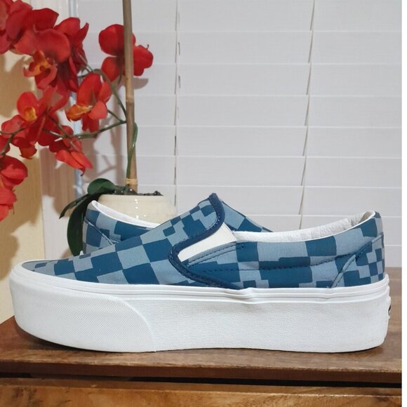SOLD🔶️🔶️🔶️🔶️unisex Vans stacked blue checkerboard slip on shoes M(8.5) W(10) - Picture 10 of 11